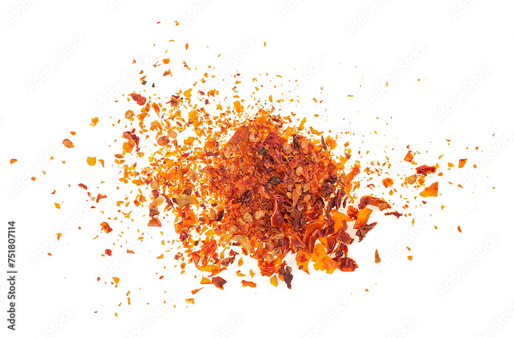 Dried and chopped tomatoes flakes isolated on a white background, top view.