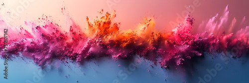 Holi background, colored powder on pink background with empty space for design. Banner.