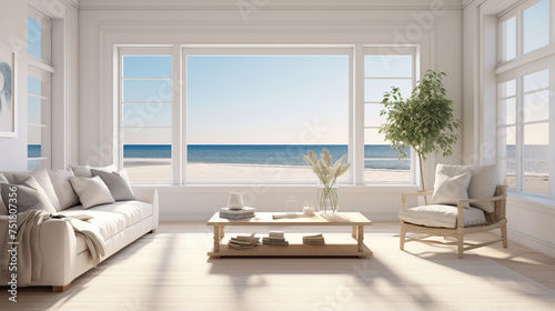 A bright and airy living room with a blank white empty frame, capturing the tranquility of a sunlit beach scene through a large window. © Khalidd