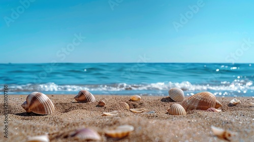 Shells scattered along a sunny beach shoreline