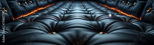 A close up of a black leather couch in a dark room, the texture resembling automotive tire pattern, with a hint of electric blue peeking from the darkness photo