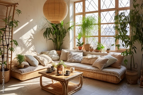 Sunny Apartment Oasis  Bamboo  Stone Fixtures  Plants  and Textiles Harmony