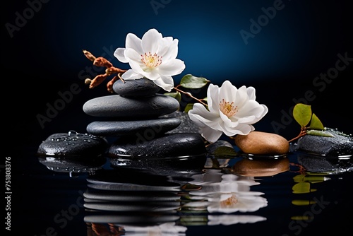 a group of stones with white flowers on top
