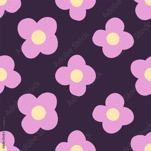 Colorful cute pink flowers on putple background retro seamless pattern. Great for fabrics textile, scrapbooking, apparel, background, backdrop, wrapping paper, party supplies.