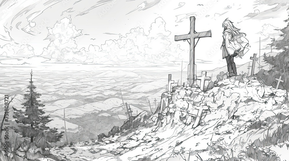 Obraz premium A person stands contemplatively at a hilltop cemetery overlooking a vast landscape
