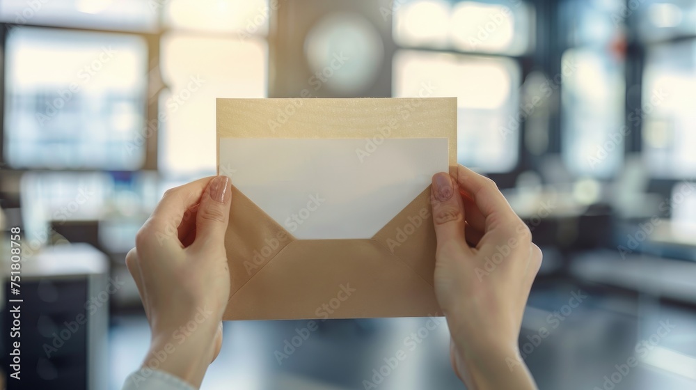 Person holding an envelope in a bright office environment Person holding an envelope in a bright office environment