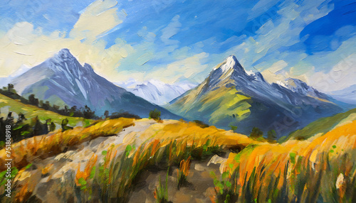Oil painting of mountain landscape. Green natural scenery. Wilderness environment