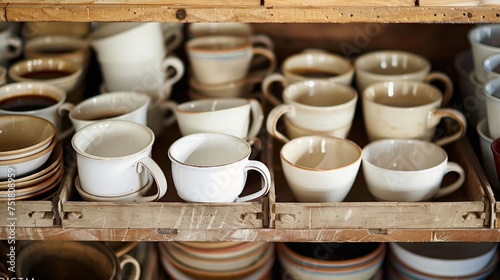 Coffee cups are arranged in storage. 