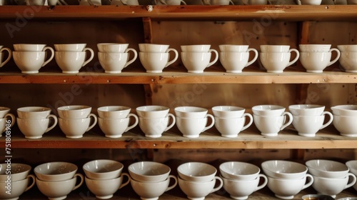 Coffee cups are arranged in storage. 