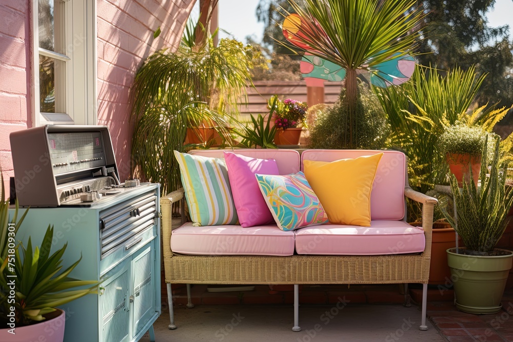 Sunny Patio Paradise: Classic Jukebox, Outdoor Seating, Pastel Cushions, and Plants Galore