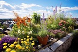 Sunlit Rooftop Garden Oasis: Stunning Rock Garden with Vibrant Flower Beds