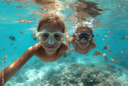 Happy children swimming underwater in snorkeling masks