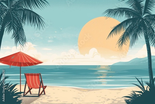 Illustration of tropical beach with sun and palms