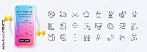 Social care, Information bell and Lock line icons for web app. Phone mockup gradient screen. Pack of Parking time, Positive feedback, Money tax pictogram icons. Vector