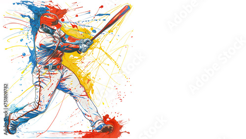 Baseball Player in white uniform swinging a bat. The image is a colourful pencil sketch with splat of blue, red and yellow colour. White background, copy space, horizontal 16:9