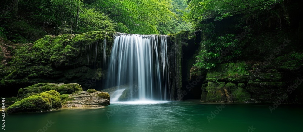 Obraz premium Serene green waterfall in a lush forest setting surrounded by vibrant nature