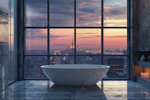This luxurious bathroom has a soaking tub set against a night-time cityscape visible through vast windows © Milos