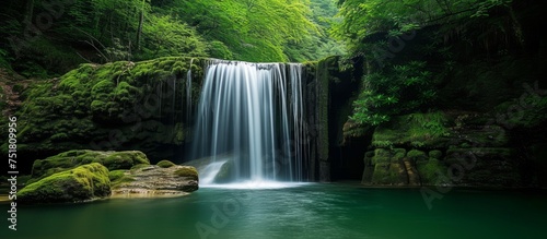 Serene green waterfall in a lush forest setting surrounded by vibrant nature