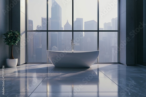 A tranquil bathroom scene with a freestanding bathtub highlights the peaceful daytime city view through expansive windows
