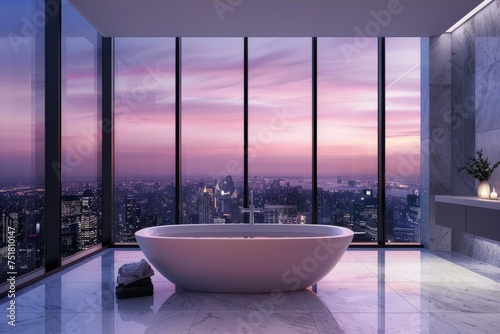 This image showcases a modern and elegant bathroom interior with a free-standing bathtub and a majestic sunset city view through floor-to-ceiling windows © Milos