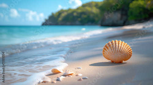 Landscape with seashells on tropical beach.Summer holiday 