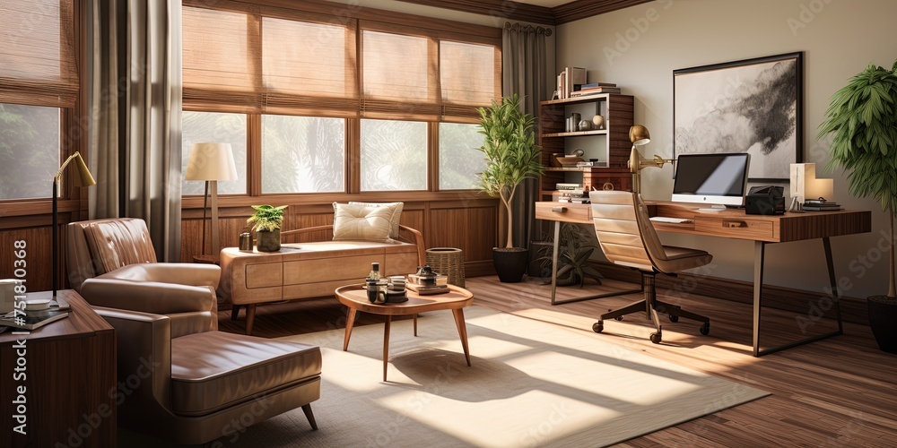 This cozy den is an inviting space filled with stylish furniture, including a hardwood desk and chairs, perfect for relaxing, working, or simply admiring the warm, creative design of the room from it This cozy den is an inviting space filled with stylish furniture, including a hardwood desk and chairs, perfect for relaxing, working, or simply admiring the warm, creative design of the room from it