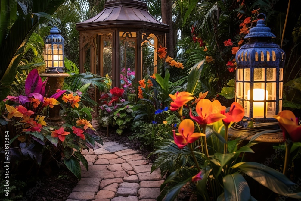 Tropical Garden Oasis with Vintage Stone Fountains and Colorful Lantern Lighting