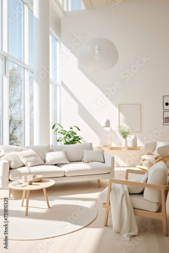 A bright and airy living space inspired by Scandinavian design principles  showcasing simplicity  functionality  and a touch of warmth.