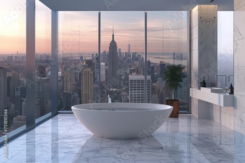 A contemporary bathroom boasting a minimalist design and a dramatic view of the city skyline at sunset © Milos