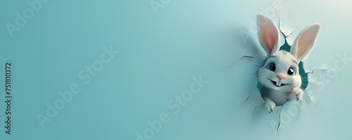 Easter bunny poster peeking out of a hole in the wall with copy space, rabbit jumps out of a torn hole