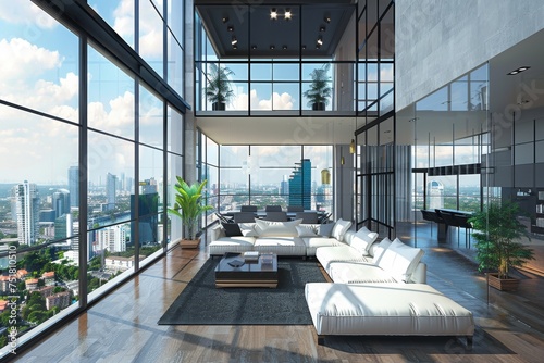 A stunning living room boasting a panoramic view of the city skyline through floor to ceiling windows, furnished with modern sofas and chic decor