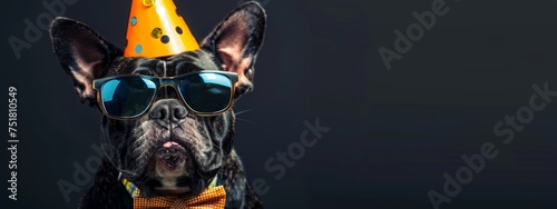 Celebration birthday. Sylvester New Year's eve party. funny animal banner greeting card - Bulldog dog with party hat outfit sunglasses and bow tie isolated on black table background © JovialFox