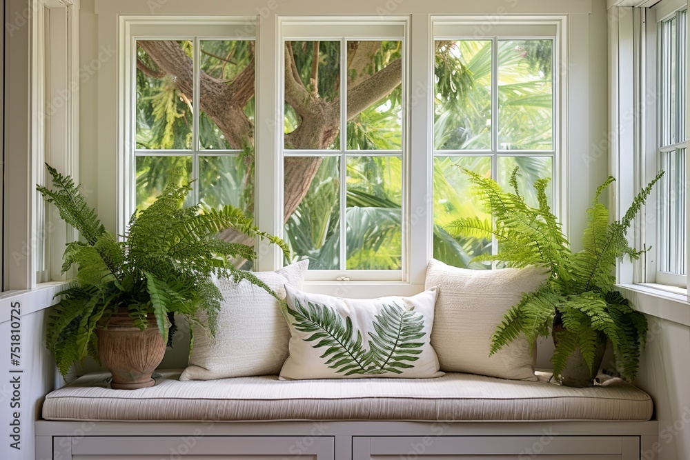 Tropical Plant Decor: Green Ferns by Farmhouse Window Seat