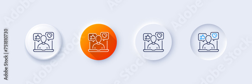Social media line icon. Neumorphic, Orange gradient, 3d pin buttons. Influence sign. Media specialist symbol. Line icons. Neumorphic buttons with outline signs. Vector