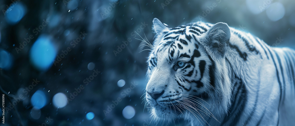 Tigre albino isolado com luzes azuis desfocadas no fundo - Papel de parede - obrazy, fototapety, plakaty 