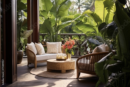 Lush Tropical Plant Decorations Surrounding Comfortable Lounge in Stylish Villa