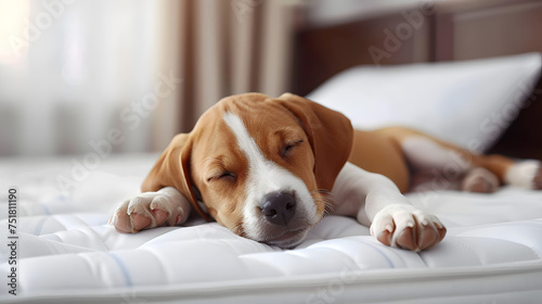 Puppy is sleeping on white mattress hotel room