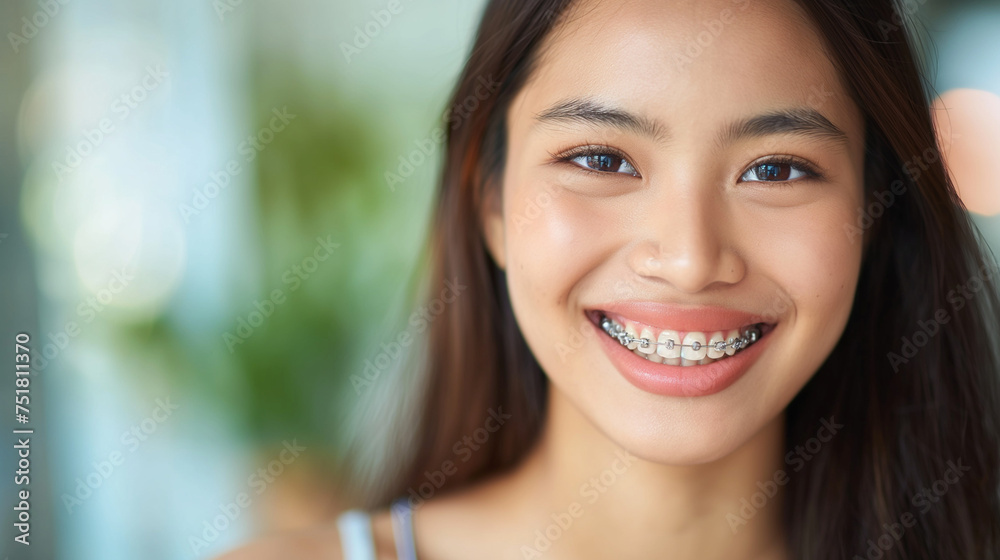 Young woman smiling big with teeth braces Young woman smiling big with teeth braces