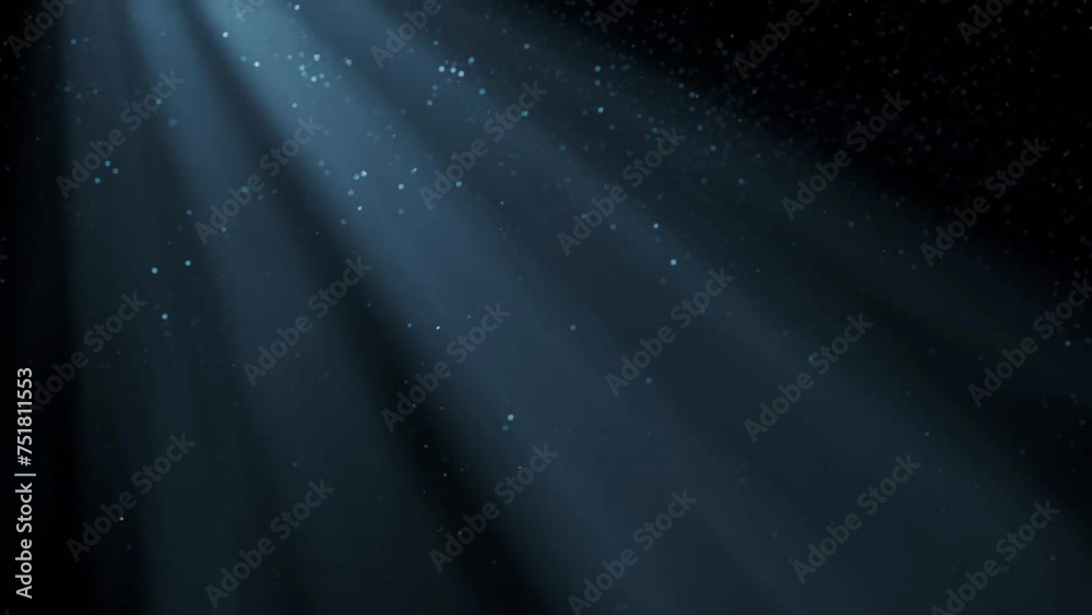 Light rays with floating flying glitter particles in air mist or steam, overlay special vfx ambient effect animation for atmospheric videos or underwater scenes. Stage spot light effect. 