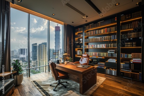 Warm and inviting office interior with rich wooden tones, desk, and scenic city views