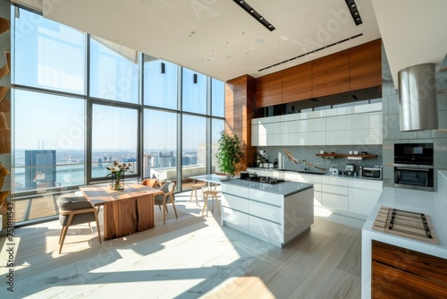 This contemporary kitchen features sleek white cabinetry, state-of-the-art appliances, and an inviting dining area, all overlooking an impressive urban skyline