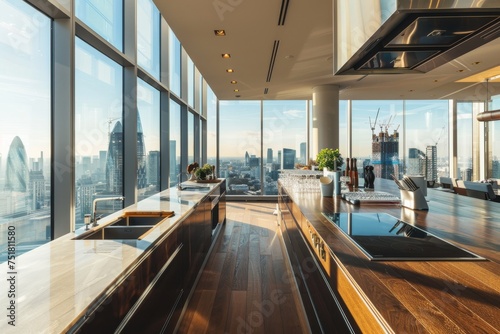 An opulent, modern kitchen featuring dark wood counters and a bar area, framing a breathtaking view of the city skyline through vast windows