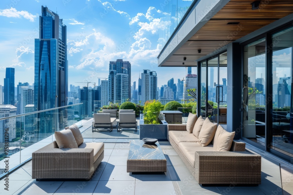 Bright and airy urban terrace commanding stunning vistas of a contemporary cityscape, furnished for luxurious comfort and outdoor living