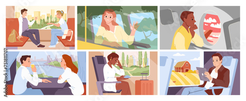 People travel by train, airplane and bus, look through windows at nature and urban landscapes set. Young happy couple and passenger sitting alone to enjoy view and sky cartoon vector illustration