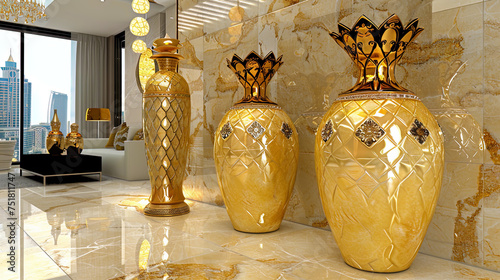 Fleet bottles, placed against the background of an exquisite bathroom with marble floors and gol
