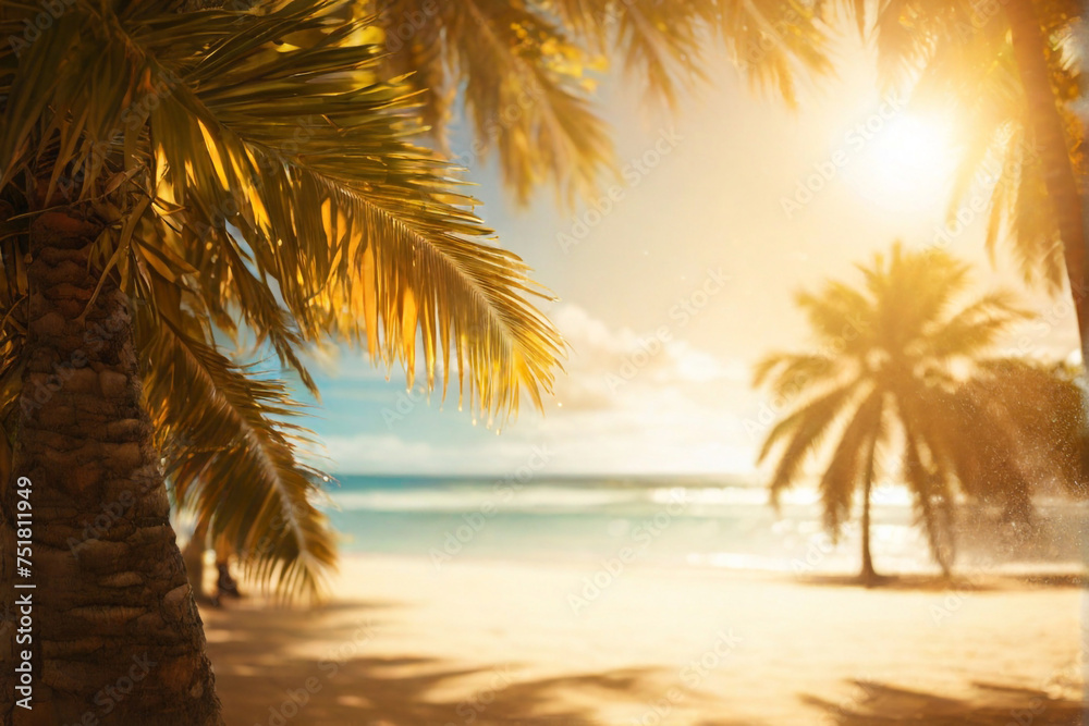 Palm trees on a tropical beach, with golden sunlight filtering through the leaves, creating a magical bokeh effect