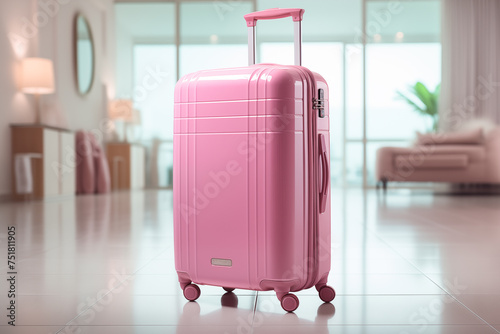 Pink luggage suitcase sitting on the table in an airport