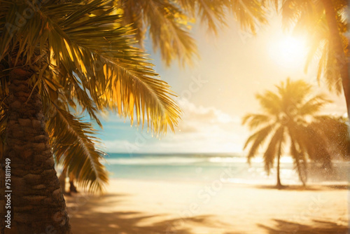 Palm trees on a tropical beach  with golden sunlight filtering through the leaves  creating a magical bokeh effect
