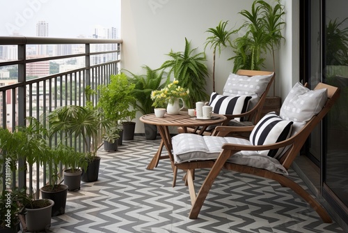 Urban Balcony Bliss  Wave-Patterned Tiles Flooring with Metal Furniture Ideas for Urban Garden