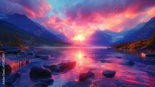 sunset at St. Mary Lake, Glacier national park, MT. photo